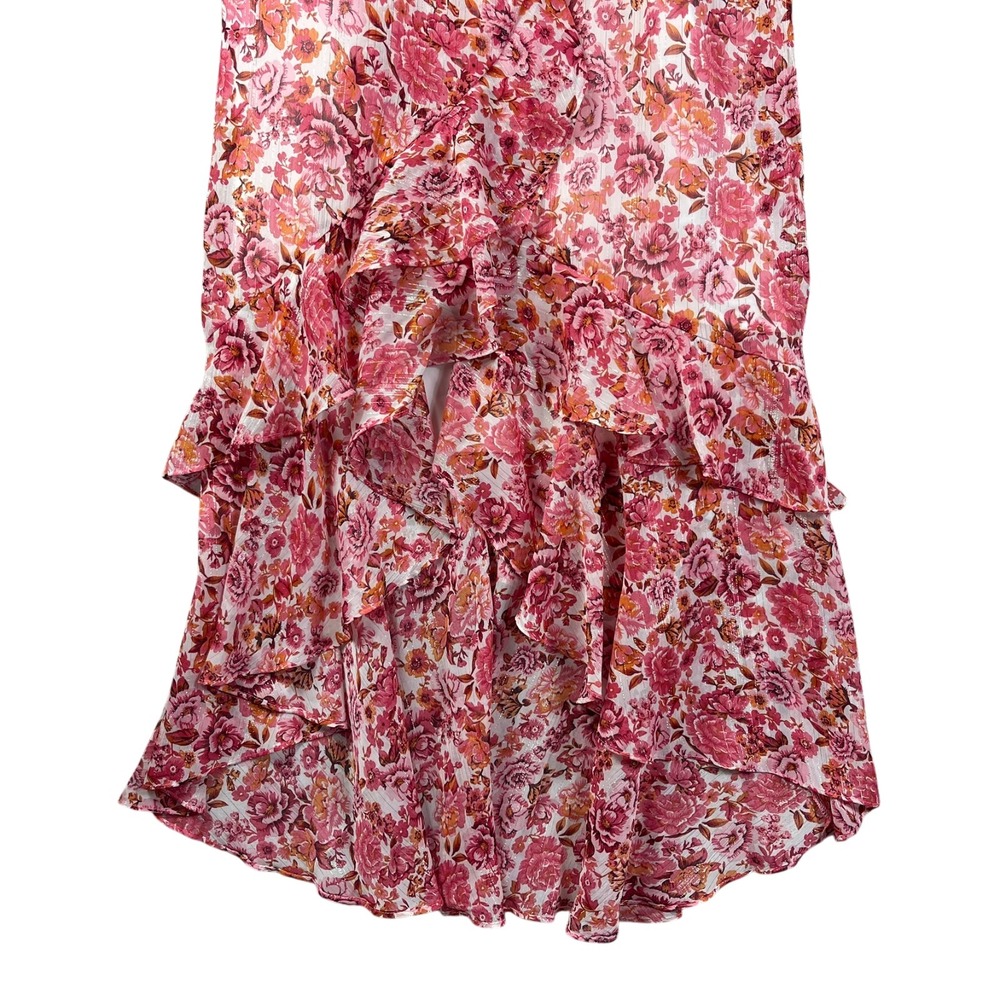 Lulus Maxi Floral Tiered Ruffle Dress Womens M Pink Red Sleeveless - Picture 5 of 9